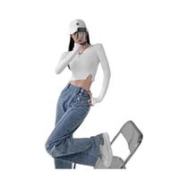 Calça jeans feminina de cintura alta, ajuste solto, perna reta, drapeada, perna larga, calça jeans