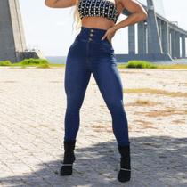 Calça Jeans Feminina de Cintura Alta Com 3 Botão Destoyed Premium de Cos Largo Elástico New Vitagem