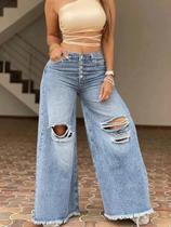 Calça Jeans Feminina De Cintura Alta Com Lavagem Clara, Estilo Retrô, Perna Larga Solta E Detalhes Calça Jeans Feminina De Cintura Alta Com Lavagem Clara, Estilo Retrô, Perna Larga Solta E Detalhes