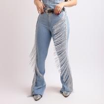 Calça Jeans Feminina Delavê Diamond Franjas Pratas Brilhos Pratas Strass Moda Country Texas Ranch