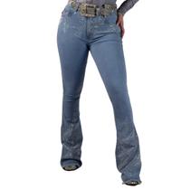 Calça Jeans Feminina Delavê Oldest Brilhos Pratas Strass Moda Country Alta Flare Texas Ranch Oficial