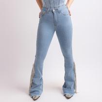 Calça Jeans Feminina Delavê Silver Shine Franjas Strass Brilhos Pratas Moda Country Texas Ranch