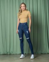 Calça Jeans feminina destroyed cós alto jeans amaciado escuro Calça Jeans feminina destroyed cós alto jeans amaciado escuro