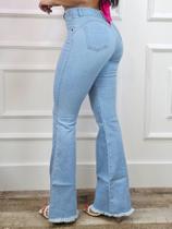 Calça Jeans Feminina Flare Azul Clara Cintura Alta Cós Alto Empina Bumbum Elastano