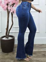 Calça Jeans Feminina Flare Cintura Alta Cós Alto Lycra Elastano Levanta Empina Bumbum Boca Larga de Sino