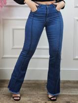 Calça Jeans Feminina Flare Cintura Alta Lycra Elastano Cós Alto Boca de Sino