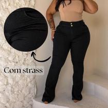 Calça Jeans Feminina Flare Plus Size Dois Botões Preta Com Strass - Preto - 48