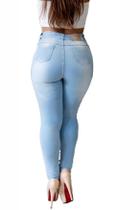 Calça Jeans Feminina Hot Pants Cintura Alta Azul Clara Manchada