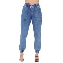 Calça Jeans Feminina Jogger Azul Com Cordão Lilás Calça Jeans Feminina Jogger Azul Com Cordão Lilás