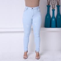 Calça Jeans Feminina Marmorizada Lisa Com Detalhes Puído