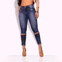 Calça Jeans Feminina Modeladora Rasgada Zíper Barra Cós Alto