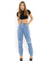 Calça Jeans Feminina Mom 101 Vibes com Rasgo No Joelho 00107 Média