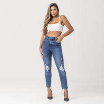 Calça Jeans Feminina Mom Cintura Alta Rasgada Zune Moderna