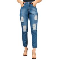 Calça Jeans Feminina Mom Comfort Modela Corpo Destroyed