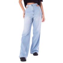 Calça Jeans Feminina Optimist Wide Leg com Bolsos Vazados Azul Claro
