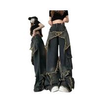 Calça Jeans Feminina Oversized De Perna Reta Com Lavagem Vintage, Estrela De Cinco Pontas E Bainha Calça Jeans Feminina Oversized De Perna Reta Com Lavagem Vintage, Estrela De Cinco Pontas E Bainha