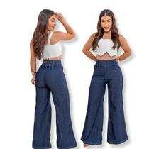 Calça Jeans Feminina Pantalona com Lycra Wide Leg Cintura Alta