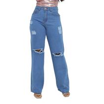 Calça Jeans Feminina Pantalona Wide Leg Cintura Alta C Bolso Rasgada Azul Claro Calça Jeans Feminina Pantalona Wide Leg Cintura Alta C Bolso Rasgada Azul Claro