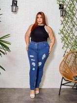 Calça jeans feminina plus classica rasgada cintura alta blogueira Calça jeans feminina plus classica rasgada cintura alta blogueira