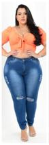 Calça jeans feminina plus size rasgadinha destroyed