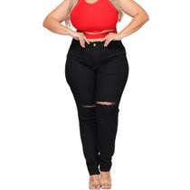 Calça Jeans Feminina Plus Size Skinny Cintura Alta Rasgada No Joelho Empina O Bumbum