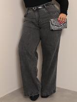 Calça Jeans Feminina Plus Size Wide Leg Cintura Alta Grafite