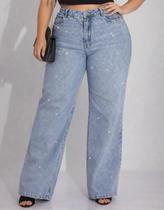 Calça Jeans Feminina Plus Size Wide Leg Com Brilinhos Strass