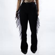 Calça Jeans Feminina Preta Flare Básica Franjas Moda Country Cintura Alta Elastano Texas Ranch