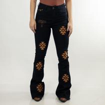 Calça Jeans Feminina Preta Flare Bordada Brown Western Moda Country Cintura Alta Texas Ranch