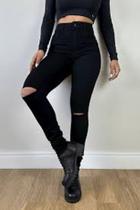 Calça jeans feminina rasgada skin cor preta tam 34 ao 42