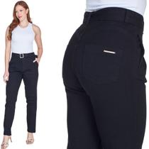 Calça Jeans Feminina Reta Classic com Cinto Cintura Alta Preta