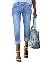 Calça jeans feminina Sidefeel, capris, cintura alta, elástica, justa, enrolada, verão, algemada, cortada, de zimba-platina, azul claro, tamanho 14 Calça jeans feminina Sidefeel, capris, cintura alta, elástica, justa, enrolada, verão, algemada, cortada, de zimba-platina, azul claro, tamanho 14