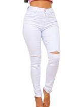 Calça Jeans Feminina Skinny com elastano Na Cor Branca rasgada no Joelho Levanta BumBum
