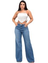 Calça Jeans Feminina Sol Jeans Wide Leg com Boca Larga Cós Alto