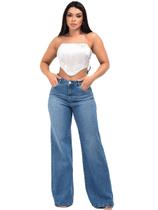 Calça Jeans Feminina Sol Jeans Wide Leg com Boca Larga Cós Alto