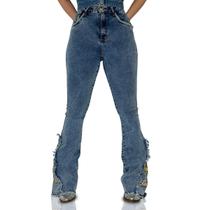 Calça Jeans Feminina Stoned Básica Bordada Horse Rodeo Moda Country Cintura Alta Flare Texas Ranch