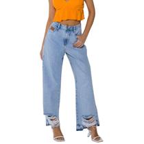 Calça Jeans Feminina Wide Leg Barra Desfiada Calça Jeans Feminina Wide Leg Barra Desfiada