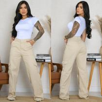 Calça Jeans Feminina Wide Leg Cargo Bege Casual