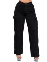 Calça Jeans Feminina Wide Leg Cargo Cintura Alta