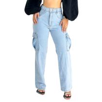 Calça Jeans feminina wide leg cargo clara azul