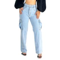 Calça Jeans feminina wide leg cargo clara azul Calça Jeans feminina wide leg cargo clara azul