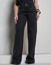 Calça Jeans Feminina Wide Leg Com Strass Brilhinhos Grafite
