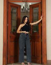 Calça Jeans Feminina Wide Leg Com Strass Brilhinhos Grafite Calça Jeans Feminina Wide Leg Com Strass Brilhinhos Grafite