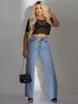 Calça Jeans Feminina Wide Leg Com Strass Brilhinhos Calça Jeans Feminina Wide Leg Com Strass Brilhinhos