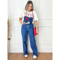 Calça jeans feminina wide leg cós invertido