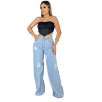 Calça Jeans Feminina Wide Leg Destroyed Rasgado Blogueiras