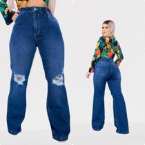 Calça Jeans Feminina Wide Leg Pantalona Cintura Alta Levanta Bumbum