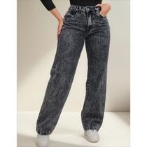 Calça Jeans Feminina Wide Leg Pantalona Cinza Grafite
