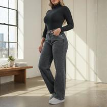 Calça Jeans Feminina Wide Leg Pantalona Cinza Grafite Calça Jeans Feminina Wide Leg Pantalona Cinza Grafite