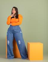 Calça Jeans Feminina Wide Leg Pantalona Destroyed Moda Plus Size REF: 0053